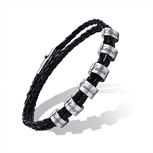 Personalisierte Namen Perlen Armbänder - Benutzerdefinierte Dreifach Wickel geflochtene Lederarmbänder mit benutzerdefiniertem Namen Initial Bead Charm Armband für Familie bester Freund,6 Namen von FLHEART