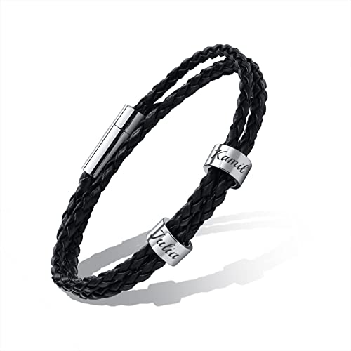 Personalisierte Namen Perlen Armbänder - Benutzerdefinierte Unisex Dreifach Wrap Geflochtene Leder Armbänder Individuelles Initial Edelstahl Charm Armband Für Familie Freund, Gravur 2 Namen ID Armband von FLHEART