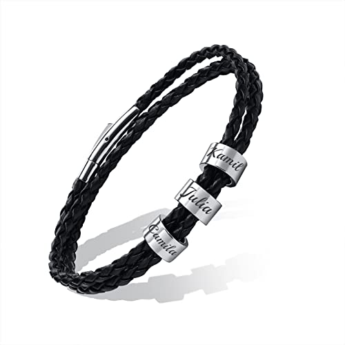 Personalisierte Namen Perlen Armbänder - Gravur 2 ～ 7 Namen Benutzerdefinierteised Identifikation ID für Damen Herren Edelstahl Perlen Geflochtene Manschette Freundschaft Weihnachten Geschenk 3 Namen von FLHEART