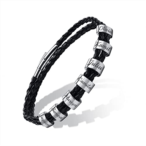 Personalisierte Namen Perlen Armbänder - Gravur 2 ～ 7 Namen Benutzerdefinierteised Identifikation ID für Damen Herren Edelstahl Perlen Geflochtene Manschette Freundschaft Weihnachten Geschenk 7 Namen von FLHEART