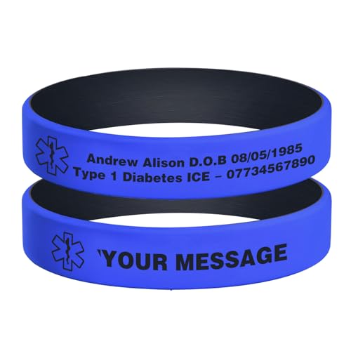 Personalisierte Notfallarmband Medizinisches Alarm Armband - 2 Stück Elastische Silikon SOS ID Armband Gravur mit Name Telefonnummer Allergie Diabetes Epilepsie Notfall Armbänder für Damen Herren von FLHEART