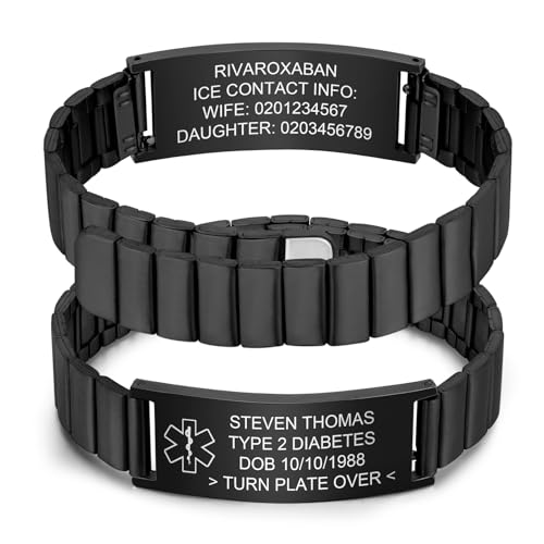 Personalisierte Notfallarmband Medizinisches Armband Herren - Edelstahl Notfall Identifikationsarmband Gravur Epilepsie Diabetes Allergie Telefonnummer, SOS Armband Notfall Armbänder für Erwachsene von FLHEART