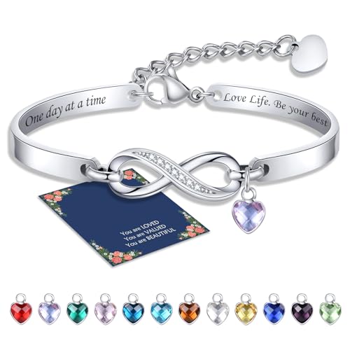 Personalisierte Unendlichkeitszeichen Armband mit Geburtsstein Damen – Silber Infinity Armreif Armbänder mit Gravur für Frauen Mädchen Freundin Geschenke für Valentinstag Jahrestag Geburtstage von FLHEART