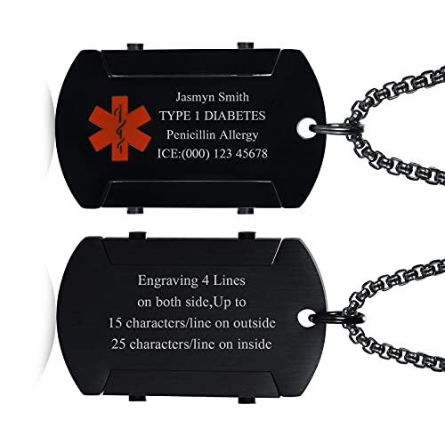 Personalisierte medizinische Alarm Halskette | kundengebundene Edelstahl Notfall medizinische ID Hundemarke Anhänger Halskette für Herren Damen,Allergie Alarm Identifikation Halskette,24" Kette von FLHEART