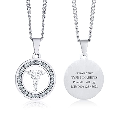 Personalisierte medizinische Alarm Halskette | kundengebundener Edelstahl passender Zirkon Notfall Runde Form ID Dog Tag Anhänger Halskette für Herren Damen,Identifikation Notfall Halskette,24" Kette von FLHEART