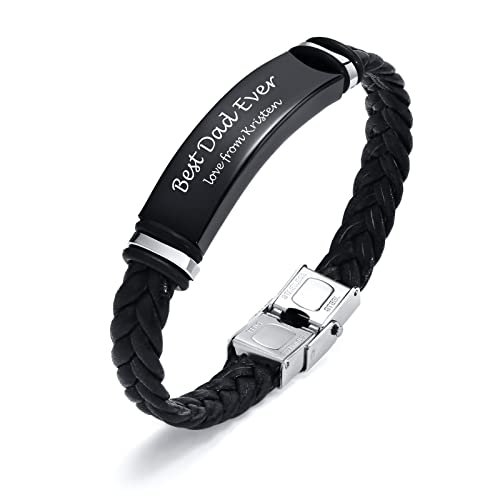 Personalisiertes Armband Herren Papa: Gravierte Namen ID Armband geflochtenes Leder Geschenk für Papa von Sohn Tochter beste DAD Armband angepasstes Geschenk für Weihnachten Geburtstag Vatertag von FLHEART