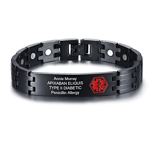 Personalisiertes Medizinisches Armband Herren - Individuell Edelstahl Männlich Uhrenarmband Medizinischer Alert Armband Personalisiert Medic ID Armbänder für Männer, Nicht für Schrittmacher,Schwarz von FLHEART