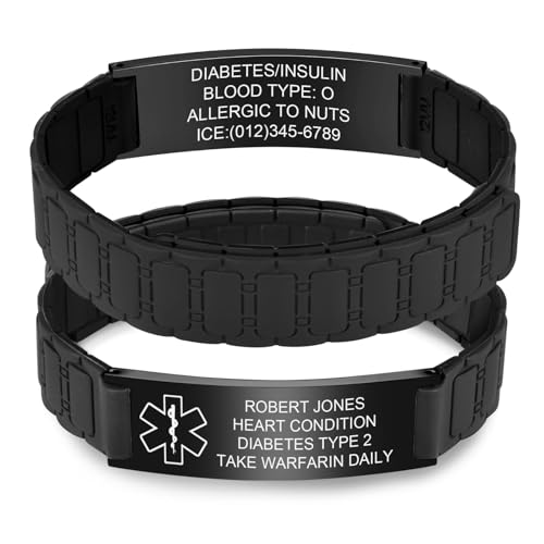 Personalisiertes Notfallarmband Damen Herren - Wasserfest Silikon Sport SOS ID Armband mit Gravur Name Telefonnummer Epilepsie Allergie Diabetes, Medizinisches Alarm Notfall Armbänder für Erwachsene von FLHEART
