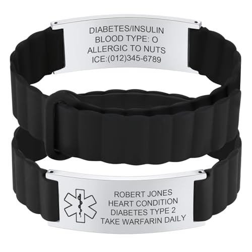 Personalisiertes Notfallarmband Herren Damen - Wasserfest Silikon Sport SOS ID Armband mit Gravur Telefonnummer Name Diabetes Epilepsie Allergie, Medizinisches Alarm Notfall Armbänder für Erwachsene von FLHEART