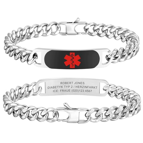 Personalisiertes Notfallarmband Medizinisches Armband Herren - Edelstahl Panzerkette SOS Notfallarmbänder Gravur Name Telefonnummer Notfallinformationen, Allergie Diabetes Epilepsie Armband für Männer von FLHEART