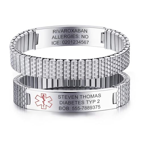 Personalisiertes Notfallarmband SOS Armband Herren - Edelstahl Elastische Notfall Armbänder mit Gravur Name Telefonnummer Allergie Epilepsie Diabetes, Medizinisches Alarm Armband für Männer Erwachsene von FLHEART