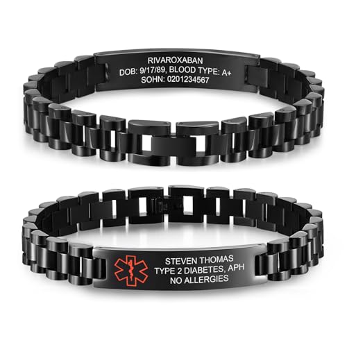 Personalisiertes Notfallarmband SOS Armband Herren - Edelstahl Notfall ID Armband mit Gravur Name Telefonnummer Allergie Diabetes Epilepsie, Medizinisches Alarm Armbänder für Männer Erwachsene von FLHEART