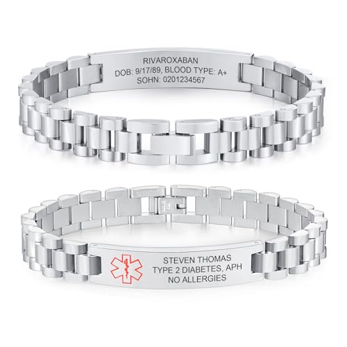 Personalisiertes Notfallarmband SOS Armband Herren - Edelstahl Notfall ID Armband mit Gravur Name Telefonnummer Diabetes Allergie Epilepsie, Medizinisches Alarm Armbänder für Männer Erwachsene von FLHEART