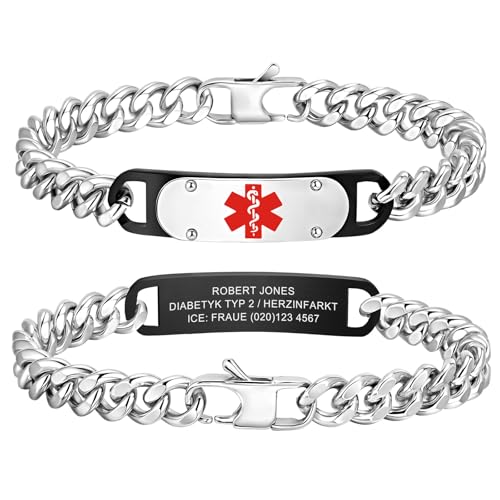 Personalisiertes Notfallarmband SOS Armband Herren - Edelstahl Panzerkette Medizinische Notfallarmbänder Gravur Name Telefonnummer Notfallinformationen, Allergie Diabetes Epilepsie Armband für Männer von FLHEART
