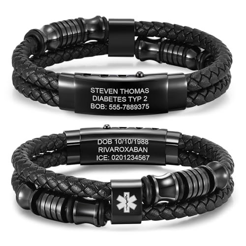 Personalisiertes Notfallarmband SOS Armband Herren - Leder Medizinisches Alarm Armband mit Gravur Name Telefonnummer Epilepsie Diabetes Allergie Medizinischen Notfall Armbänder für Männer Erwachsene von FLHEART