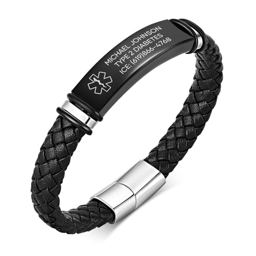 Personalisiertes Notfallarmband SOS Armband Herren - Lederband Notfall ID Armbänder mit Gravur Name Telefonnummer, Medizinisches Alarm Armbänder, Allergie Epilepsie Diabetes Armband für Männer von FLHEART