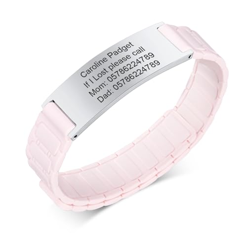 Personalisiertes Notfallarmband SOS Armband Kinder - Wasserfest Silikon Anti Verloren Armbänder mit Gravur Name Telefonnummer für Kinder, Rosa Sicherheitsarmband Medizinisches ID Armband für Mädchen von FLHEART