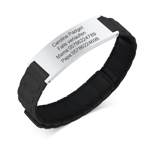 Personalisiertes Notfallarmband SOS Armband Kinder - Wasserfest Silikon Anti Verloren Armbänder mit Gravur Name Telefonnummer für Kinder, Schwarz Sicherheitsarmband Medizinisches ID Armband für Jungen von FLHEART