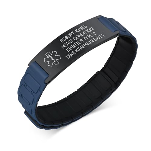 Personalisiertes Notfallarmband SOS Armband Kinder - Wasserfest Silikon Anti Verloren Armbänder mit Gravur Name Telefonnummer für Kinder, Sicherheitsarmband Medizinisches Armband für Jungen, Dark Blau von FLHEART