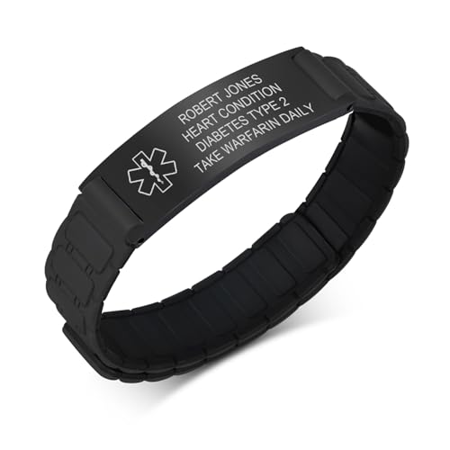 Personalisiertes Notfallarmband SOS Armband Kinder - Wasserfest Silikon Anti Verloren Armbänder mit Gravur Name Telefonnummer für Kinder, Sicherheitsarmband Medizinisches Armband für Jungen, Schwarz von FLHEART