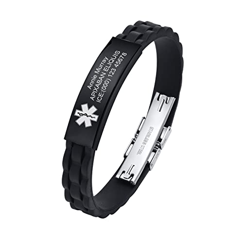 Personalisiertes Notfallarmband medizinisches Armband - Silikon Riemen Schwarz Edelstahl Medic Identifikationsarmband Kostenlose Gravur Notfall Gesundheit Informationen Armbänder für Damen Herren von FLHEART