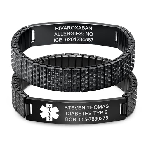 Personalisiertes SOS Armband Notfallarmband Herren - Edelstahl Elastische Notfall Armbänder mit Gravur Name Telefonnummer Diabetes Epilepsie Allergie, Medizinisches Alarm Armband für Männer Erwachsene von FLHEART