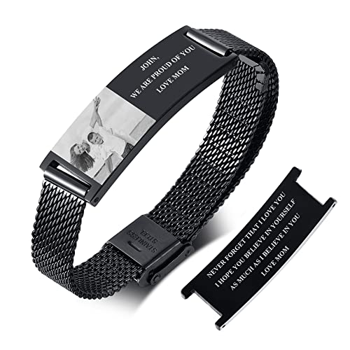 Personalisiertes Sohn Armband Geschenk – Schwarzes Edelstahl Mesh Armband Mit Individuellem Foto Text Armband Für Sohn, Armband Mit Versteckter Nachricht,Individuelles Sohn Geschenk Von Mama Papa von FLHEART