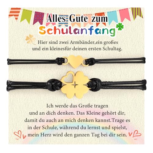 Schulkind Schulanfang Armbander Einschulung Geschenke - 2 Stück Schulanfänger Armbänder Glücksbringer Kleeblatt Armbander Mama Schulkind, Erster Schultag Einschulungsgeschenk für Mädchen Junge von FLHEART