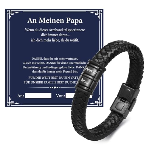 Vatertagsgeschenk Papa Herren Armband Gravur - Personalisierte Schwarz Lederarmband für Männer mit 2 Namen, Papa Leder Armband, Herrentagsgeschenke Männertag Geschenk für DAD Vater Vatertag Geburtstag von FLHEART