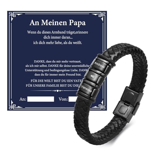 Vatertagsgeschenk Papa Herren Armband Gravur - Personalisierte Schwarz Lederarmband für Männer mit 3 Namen, DAD Leder Armband, Herrentagsgeschenke Männertag Geschenk für Papa Vater Vatertag Geburtstag von FLHEART