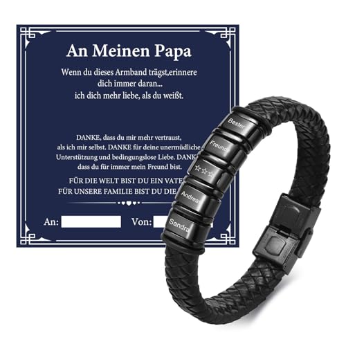 Vatertagsgeschenk Papa Herren Armband Gravur - Personalisierte Schwarz Lederarmband für Männer mit 5 Namen, DAD Leder Armband, Herrentagsgeschenke Männertag Geschenk für Papa Vater Vatertag Geburtstag von FLHEART