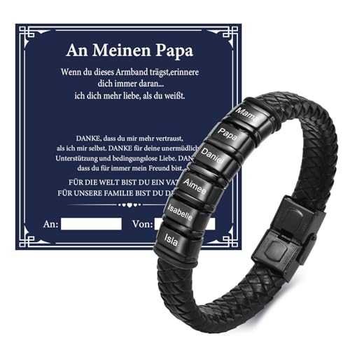 Vatertagsgeschenk Papa Herren Armband Gravur - Personalisierte Schwarz Lederarmband für Männer mit 6 Namen, DAD Leder Armband, Herrentagsgeschenke Männertag Geschenk für Papa Vater Vatertag Geburtstag von FLHEART