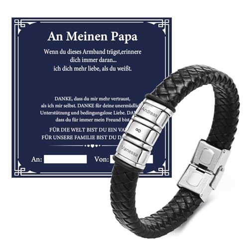 Vatertagsgeschenk Papa Herren Armband Gravur - Personalisierte Silber Lederarmband für Männer mit 3 Namen, DAD Leder Armband, Herrentagsgeschenke Männertag Geschenk für Papa Vater Vatertag Geburtstag von FLHEART