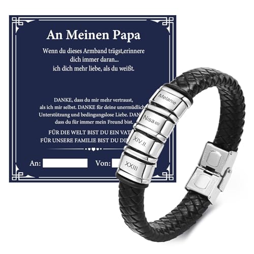 Vatertagsgeschenk Papa Herren Armband Gravur - Personalisierte Silber Lederarmband für Männer mit 4 Namen, DAD Leder Armband, Herrentagsgeschenke Männertag Geschenk für Papa Vater Vatertag Geburtstag von FLHEART