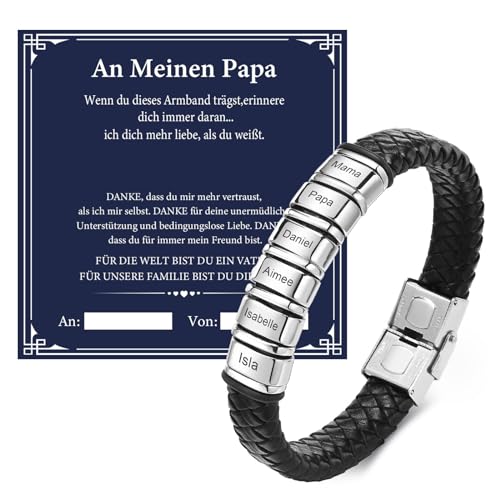 Vatertagsgeschenk Papa Herren Armband Gravur - Personalisierte Silber Lederarmband für Männer mit 6 Namen, DAD Leder Armband, Herrentagsgeschenke Männertag Geschenk für Papa Vater Vatertag Geburtstag von FLHEART