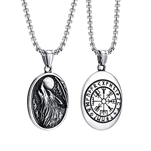 Wikinger Halskette Herren - Edelstahl Der Helm der Ehrfurcht/Vegvisir/Valknut/Thors Hammer/Yggdrasil/Rabe/Wölfe/Wikinger Kompass Anhänger Halskette, Männlich Nordic Schutz Schmuck Geschenk für ihn von FLHEART