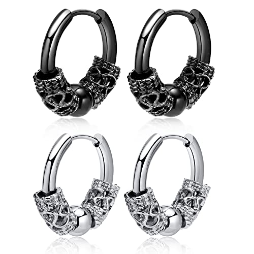 Wikinger Hoop Ohrring Herren Damen - 2 Paare Chirurgenstahl Retro Piercing Knorpel Huggie Ohrringe für Männer Frauen, Hypoallergen, Punk Schmuck Geschenk, Silber & Schwarz von FLHEART