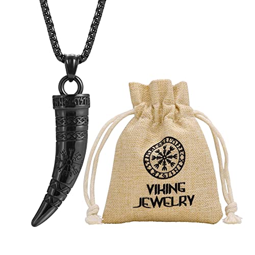 Wikinger Horn Halskette Herren - Edelstahl Schwarz Mittelalterlich Nordisch Keltisch Knoten Kompass Wikinger Horn Anhänger Kette Wikinger Geschenk Tasche, Amulett Schmuck Wikinger Geschenke Männer von FLHEART