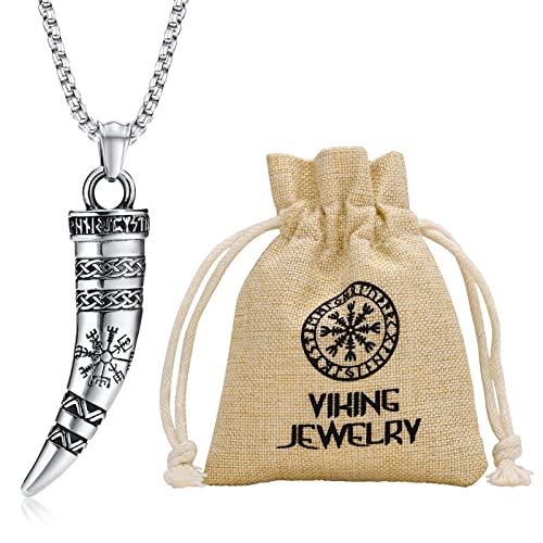 Wikinger Horn Halskette Herren - Edelstahl massiv Mittelalterlich Nordisch Keltisch Knoten Kompass Wikinger Horn Anhänger Kette mit Wikinger Geschenk Tasche, Amulett Schmuck Wikinger Geschenke Männer von FLHEART