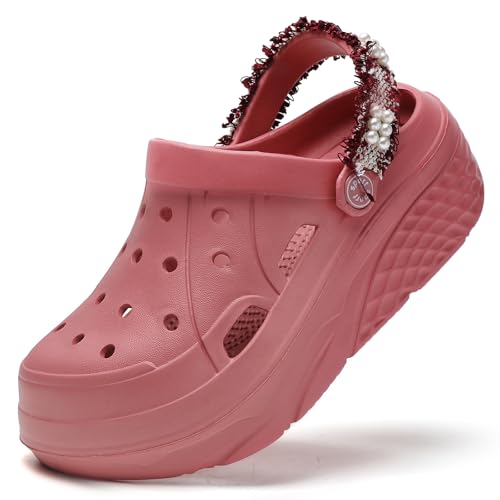 Damen Plateau Clogs Gardener Atmungsaktiv Plattform Sandalen Modische Outdoor Schuhe mit Charms Red Streamer 39 von FLIOZY