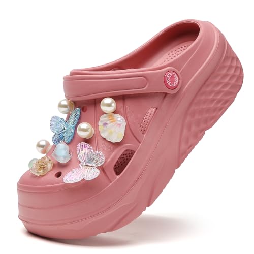 Damen Plateau Clogs Gardener Plattform Clogs rutschfest Gartenschuhe Klassisch Weich Clog Sandalen Rot 37 von FLIOZY