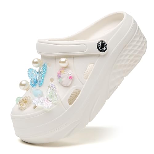 Damen Plateau Clogs Gardener Plattform Clogs rutschfest Gartenschuhe Klassisch Weich Clog Sandalen Weiß 39 von FLIOZY