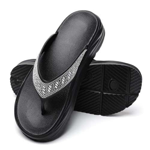 FLIOZY Damen Flip Flops mit Strass Strand Thong Sandalen Sommer Plattform Hausschuhe Slip On Indoor Outdoor Walking Schuhe, Schwarz, 36 EU von FLIOZY