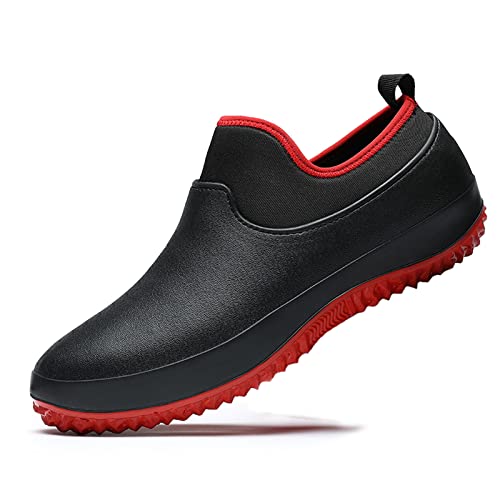 FLIOZY Damen Herren Gartenschuhe Küchenschuhe Kochschuhe Regenstiefel Erwachsene Rutschfester wasserdichte Arbeitsschuhe Küchenschuhe Krankenschwester Schuhe Sicherheitsschuhe Schwarz/Rot 37 von FLIOZY