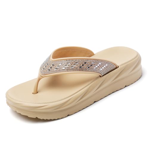 Damen Zehentrenner mit Strass Sommer Strand Sandalen Bequeme Flip Flops für Urlaub Spaziergänge Innen-Außenbereich Rhinestone Beige 36 von FLIOZY