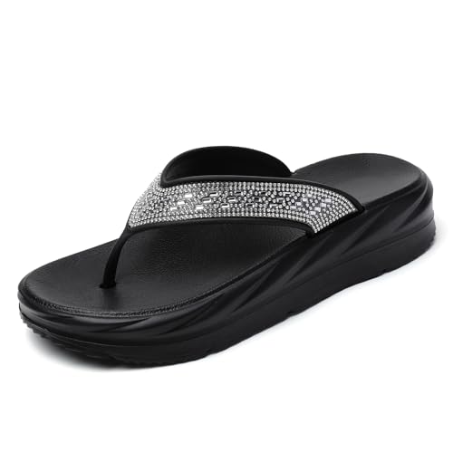 Damen Zehentrenner mit Strass Sommer Strand Sandalen Bequeme Flip Flops für Urlaub Spaziergänge Innen-Außenbereich Rhinestone Black 36 von FLIOZY