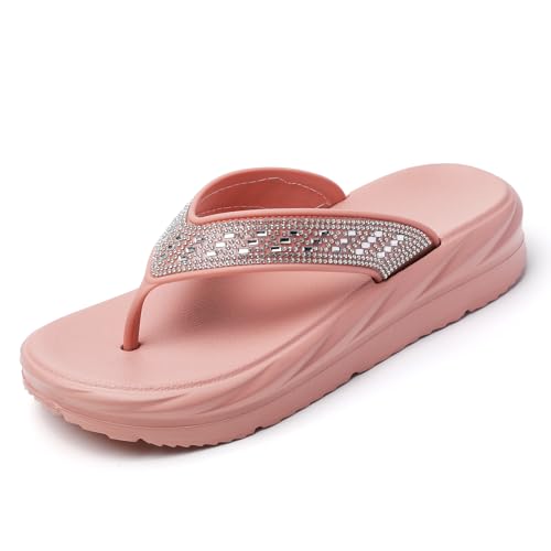 Damen Zehentrenner mit Strass Sommer Strand Sandalen Bequeme Flip Flops für Urlaub Spaziergänge Innen-Außenbereich Rhinestone Pink 39 von FLIOZY