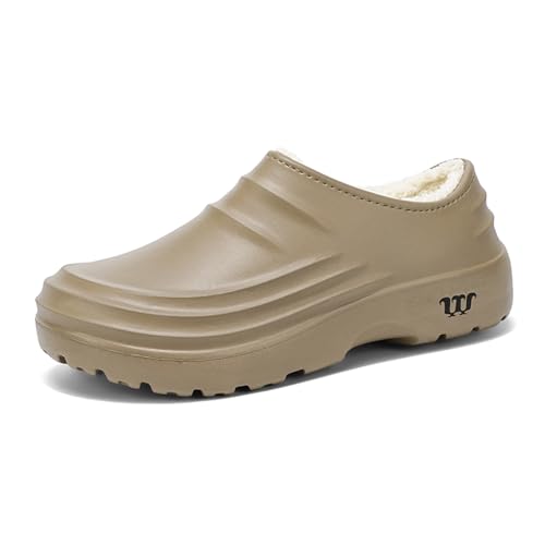 FLIOZY Gefütterte Winter Clogs Damen & Herren – wasserdichte Garten- und Küchenschuhe, rutschfeste Eva Hausschuhe mit Warmem Fleecefutter, Bequeme Arbeits- und Outdoor Pantoletten Khaki 40 von FLIOZY