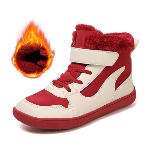 FLIOZY Kid Schneestiefel Unisex Kind warme Booties für Baby Mädchen wasserdicht Winter Barfuß Stiefel Kleinkind hohe Top-Schuhe mit Kunstpelz breite Zehe Box Null Drop Sohle für Kinder Burgundy 30 von FLIOZY