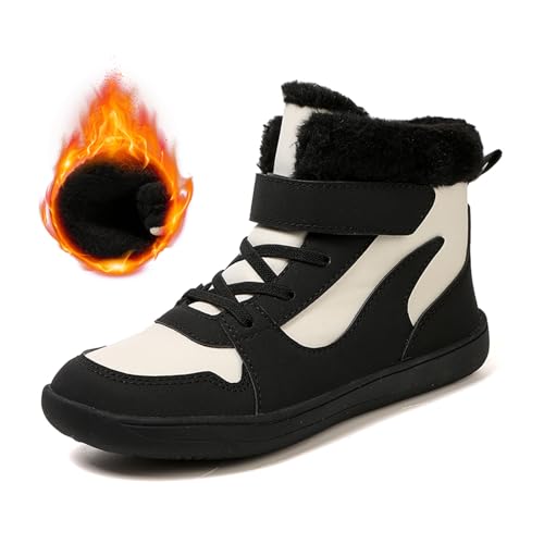 FLIOZY Kid Snow Boots Unisex Kind warme Booties für Baby Mädchen wasserdicht Winter Barfuß Stiefel Kleinkind hohe Top-Schuhe mit Kunstpelz breite Toe Box Null Drop Sole für Kinder schwarz weiß 29 von FLIOZY